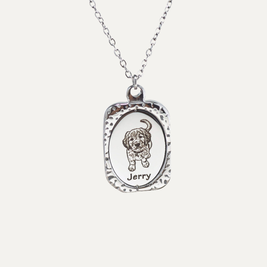 Woofyboo Dog Portrait Necklace with square mirror pendant in silver